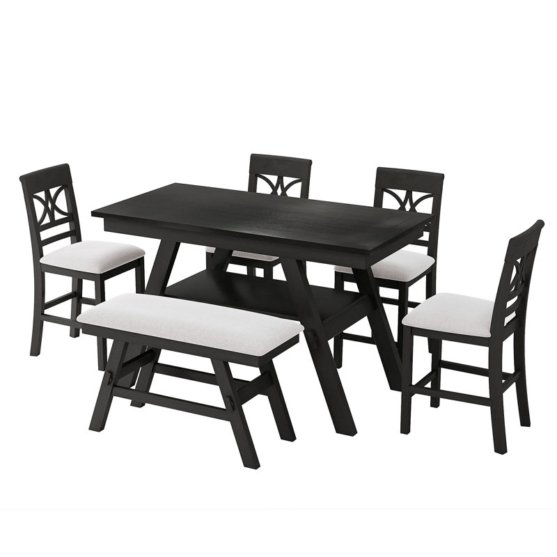 Ensemble table et chaises de salle à manger TOPMAX 6 pièces en bois, hauteur comptoir, avec tablette de rangement