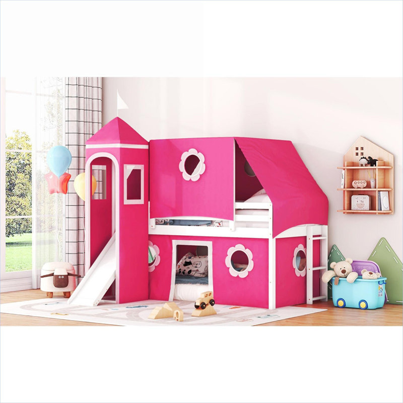 Lit mezzanine pour lit simple de style château Blush rose, construction en bois massif avec tente de jeu