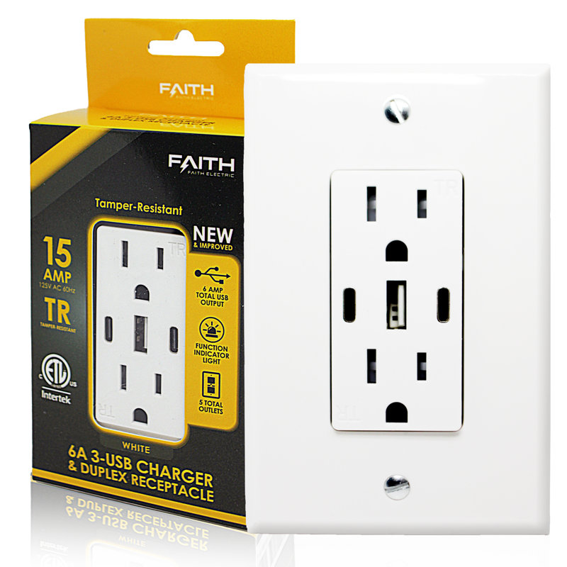Prise de courant USB 15A / 120V avec 2 prises de type C et 1 de type A USB à 6,0 A 30 W avec plaque murale standard