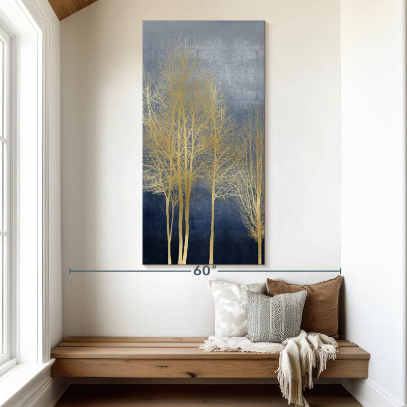 Arbres dorés sur panneau bleu I, H 54 po x l 27 po
