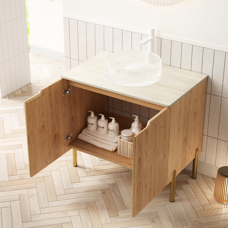 Meuble-lavabo de salle de bain 30 po avec lavabo rond en verre transparent, comptoir en pierre frittée, système de fermeture en contreplaqué avec armoire en contreplaqué, meuble-lavabo d'apparence, comptoir, portes, couleur