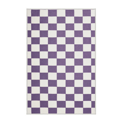 Machine Washable Checkered White Area Rug