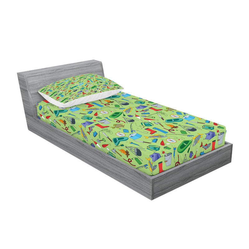 Ambesonne Fishing Theme Fitted Sheet & Pillow Sham Pastel Green Multicolor, Twin Sheet Set + 3 Additional Pieces