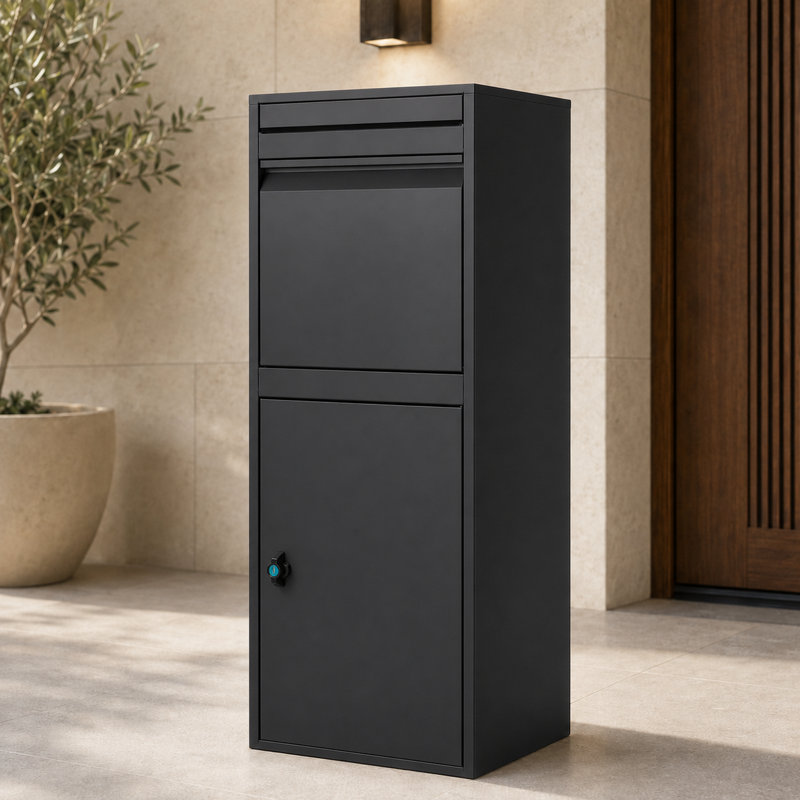 Boîte de livraison verrouillable noire de 40,2 po de hauteur, boîte de dépôt en acier imperméable pour porche, bord de trottoir et usage extérieur