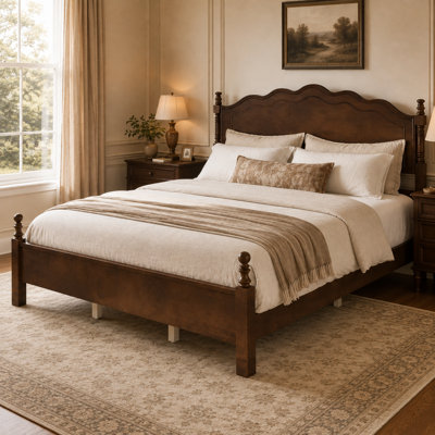 Moorebank King Size Classic American Vintage Bed Frame, Wood Platform Bed with Curved Headboard & Spindle Posts, Hidden Hardware, 6 Central Legs, No Box Spring Needed