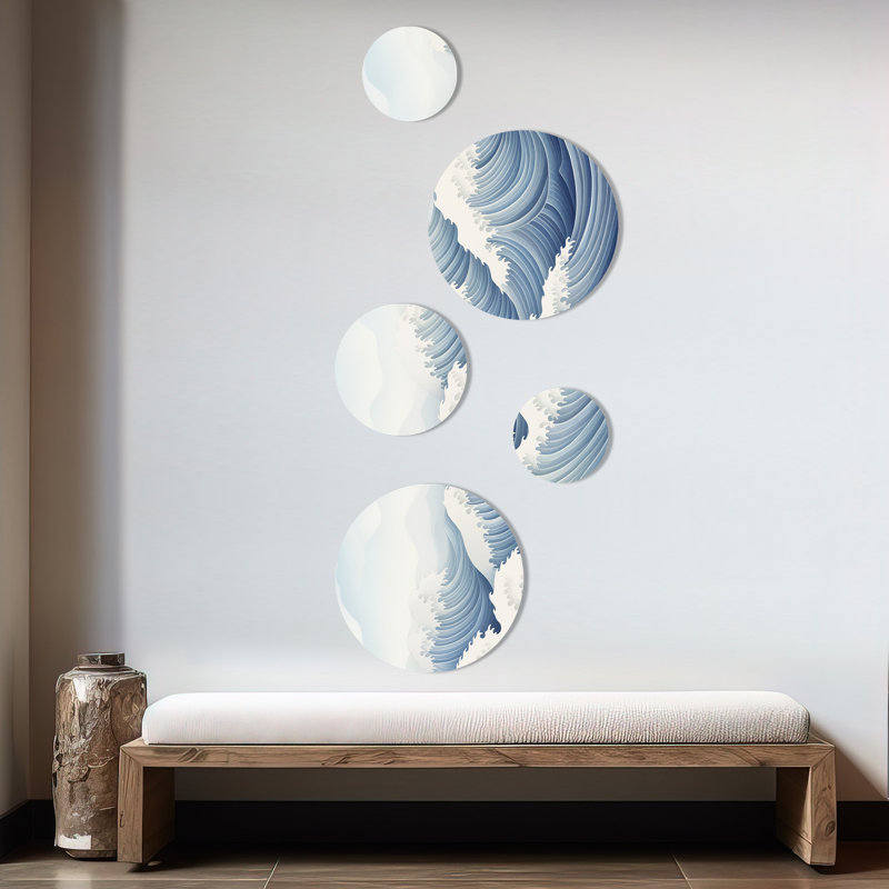 Harmonious Blue Waves Tides - Ensemble d'art mural rond géométrique de 5