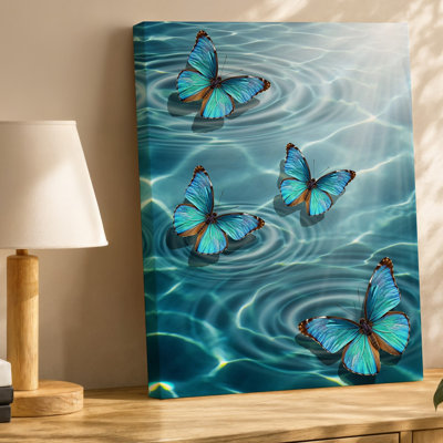 Canvas A Serene Tranquil Scene Featuring Delicate Blue Butterflies Gracefully Floating Wall Art On The Surface Of Crystal Clear Water Canvas Wall Art