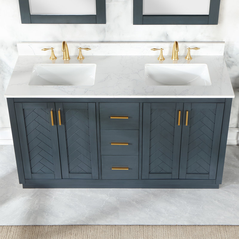 Gazsi 60" Double Bathroom Vanity Set With Grain White Engineered Stone Countertop Without Mirror, Charcoal Blue