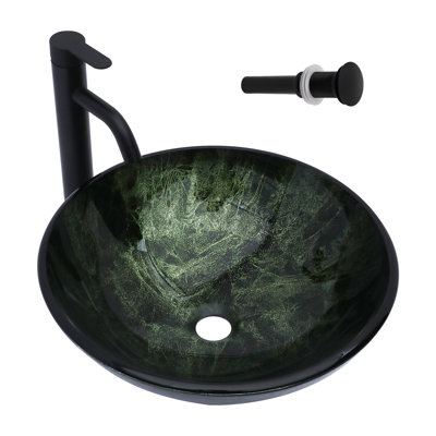 16.5"L x 16.5"W Glass Bathroom Vessel Sink Circle Tempered Glass Bathroom Sink with Pop-up Drain and Basin Faucet