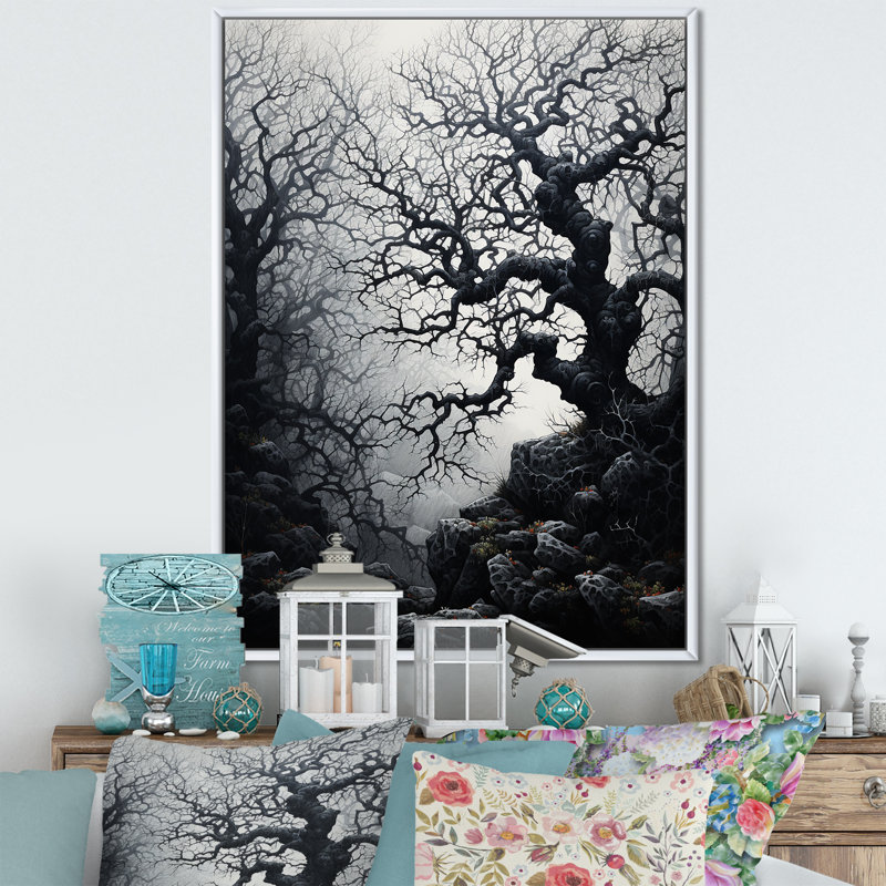 " Gray Tree Eternal Shadows II ", 44" H x 34" W x 1.5" D, White Floater Framed
