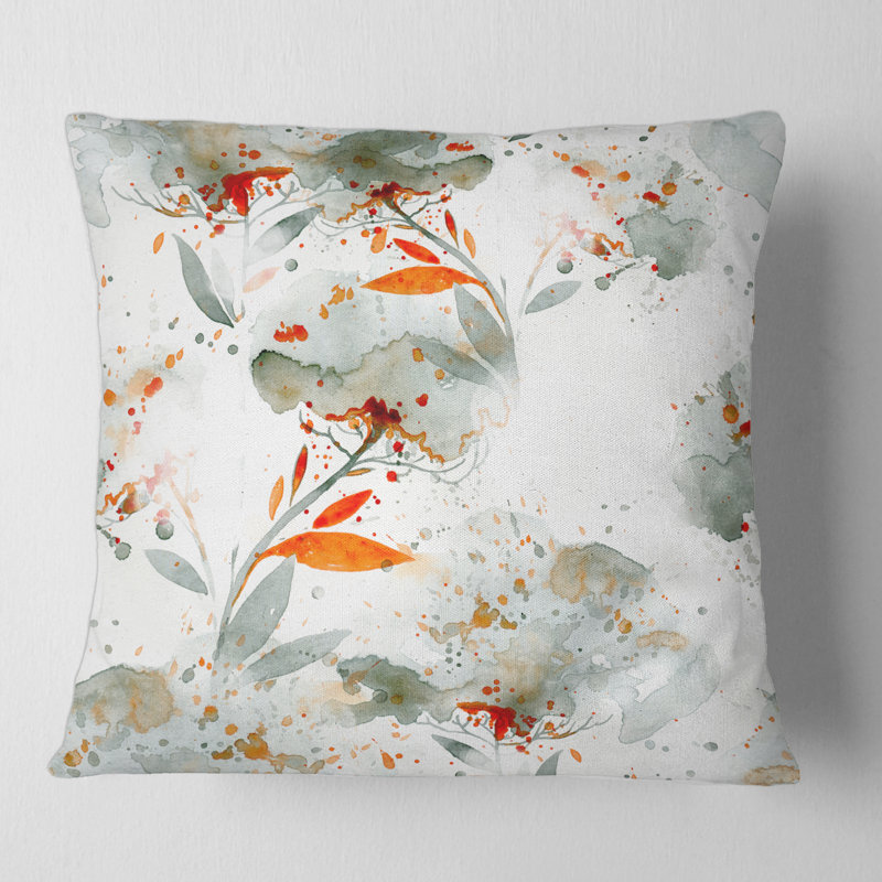 Vert et orange fleurs sauvages I - Coussin imprimé moderne, 18" x 18"
