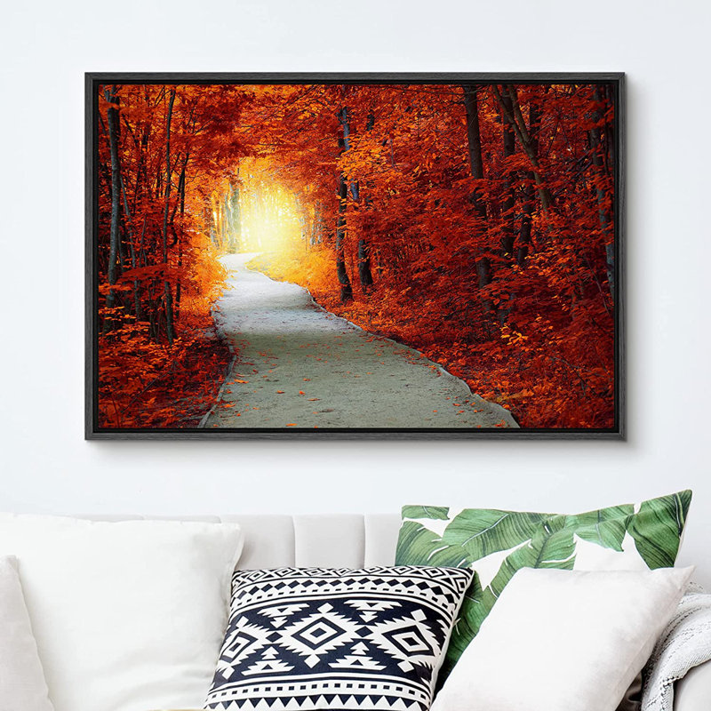 Vibrant orange, automne, forêt, chemin, nature, nature - photographie, H 16 po x l 24 po x P 1,5 po, Cadre noir