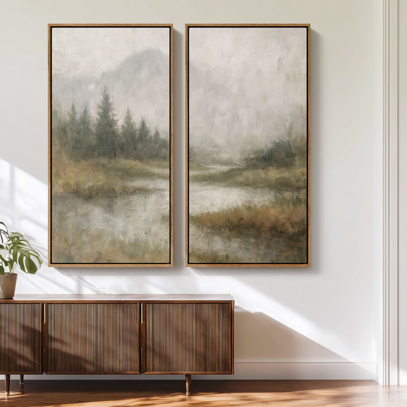 «Misty Pine Forest Water Reflection», ensemble de 2 reproductions d'art encadrées sur toile 60 po, 2 pièces, Naturel