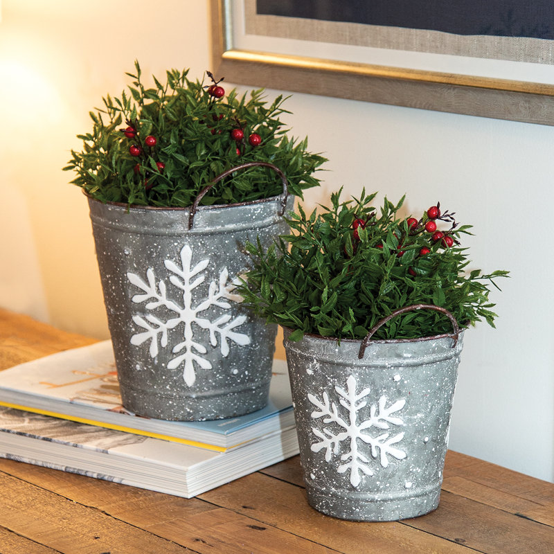 2/Set, White Washed Snowflake Embossed Metal Buckets