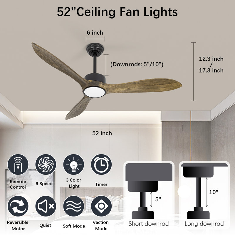 Wood Ceiling Fans With Lights And Remote,52 in. Ceiling Fan,22W LED Light Modern Ceiling Fan With Lights,3 Amber Solid Wood Blades,6 Speeds,reversible Quiet DC Motor