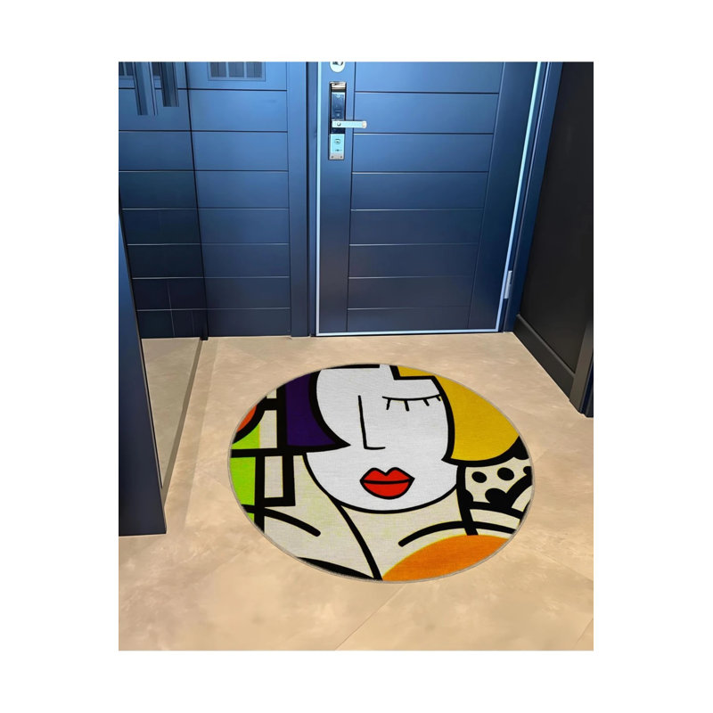 Multicolored Abstract Portrait Face Patterned Round Woven Base Modern Decorative Carpet, Round 4'