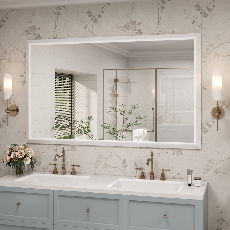Molly Tempered Glass Metal Beveled Framed Wall Mounted Vanity Rectangular Mirror, 60" x 36", White