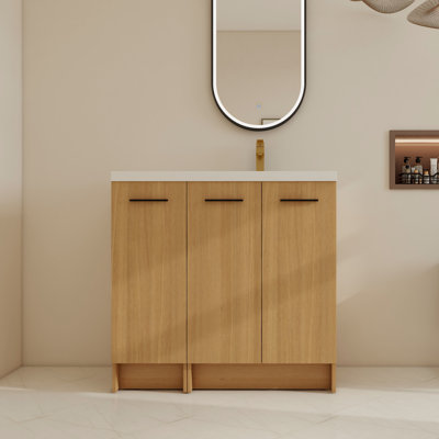 36" Freestanding Single Bathroom Vanity Set With Right Resin Top Sink，Flooring Vanity With Soft Close Door And Shelves