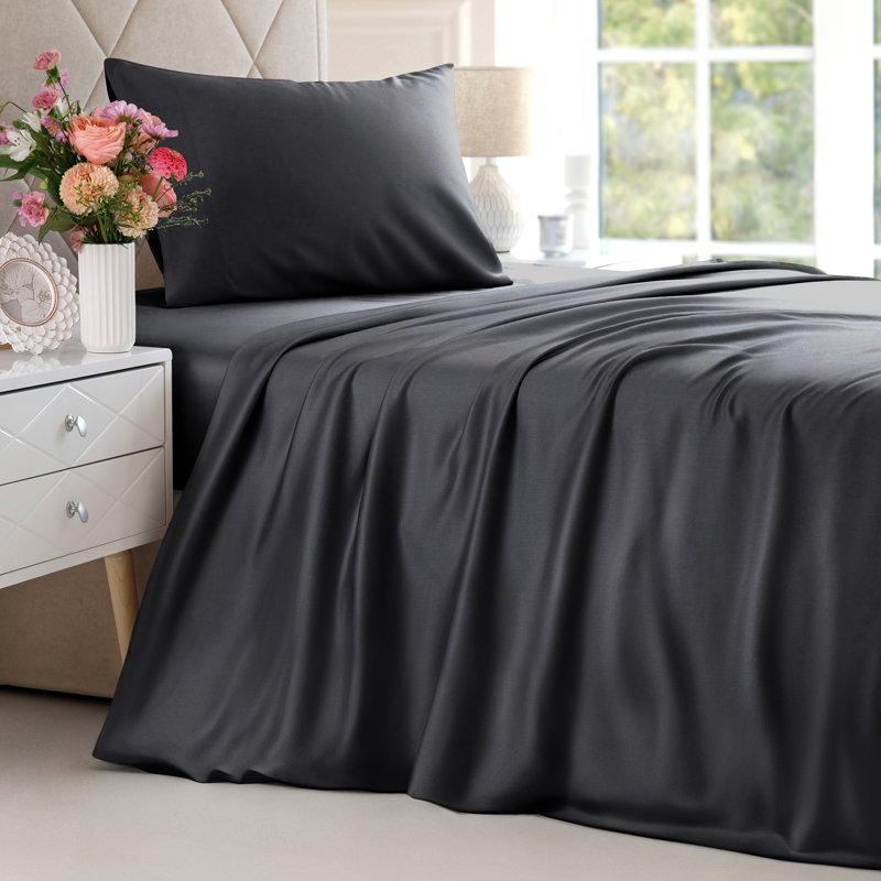 Ensemble de draps en bambou, draps rafraîchissants et respirants, literie de luxe doux pour hôtel, ajustement profond, Noir