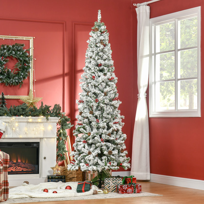 Arbre de Noël artificiel enneigé 7,5 pi avec 600 branches de pin réalistes, pommes de pin, baies rouges, ouverture automatique, vert HOMcom