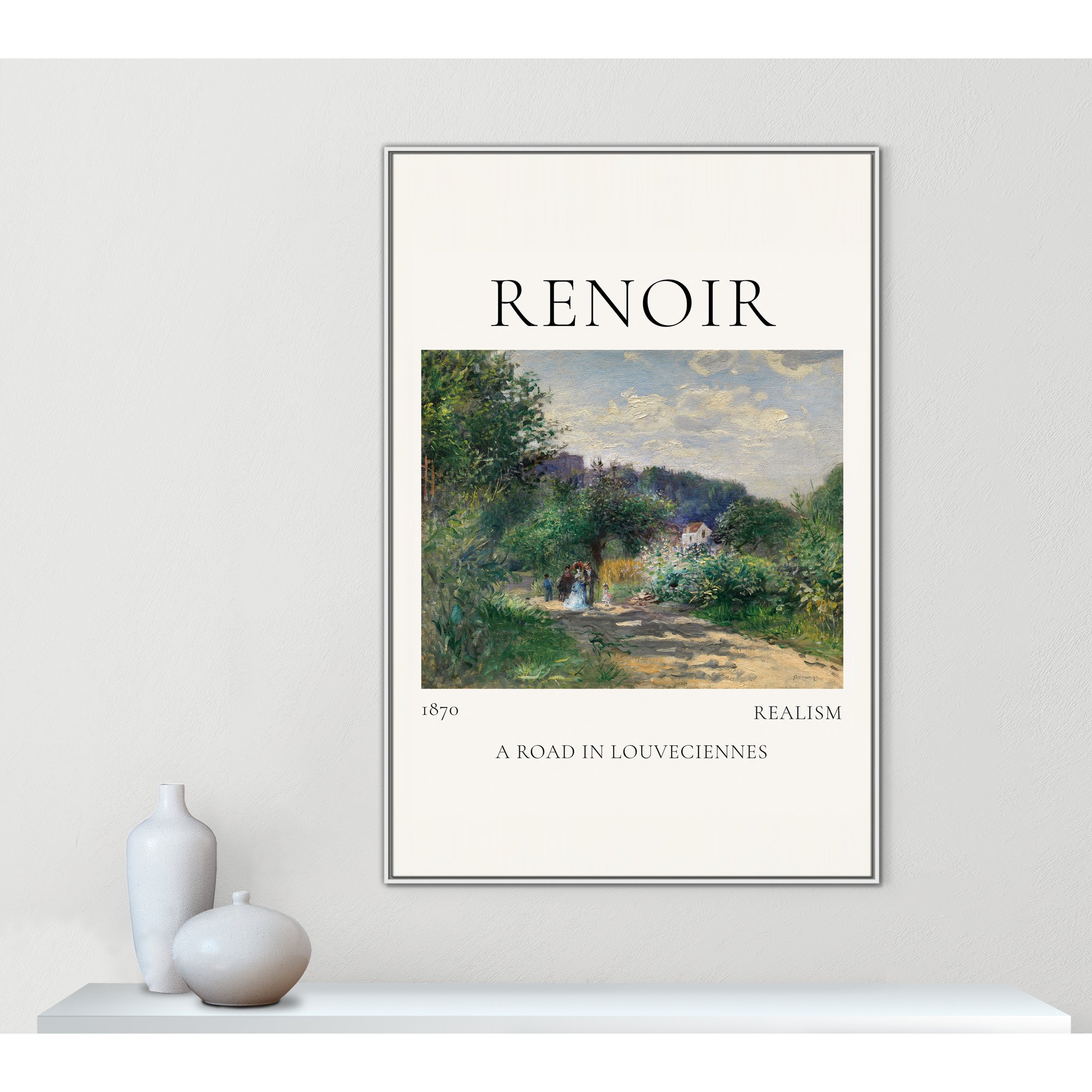 Old Masters Collection " A Road In Louveciennes " by Auguste Renoir, White Floater Frame, 61.5" H x 41.5" W x 2" D, No