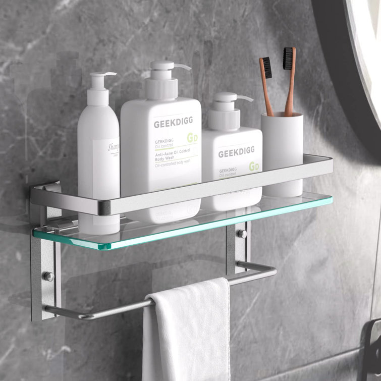 GeekDigg 2 Sets Glass Shelves for Bathroom, No Drilling Shower Caddy glass  Shelves for Wall Glass Bathroom Storage Organizer Shelf with Aluminum