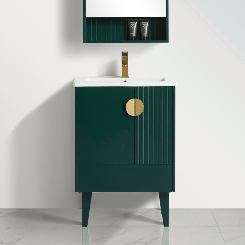 Saimah 24'' Single Bathroom Vanity with Ceramic Top, Green, Satin Brass