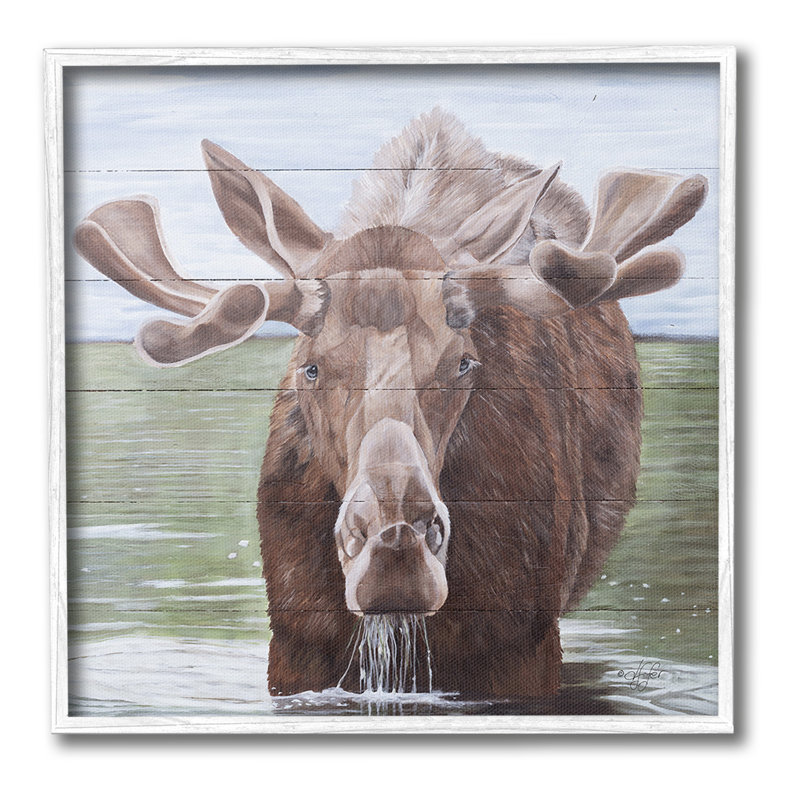 «Rustic Moose in Lake», art de la giclée encadrée par Diane Fifer, Giclée encadrée blanc bord de mer, H 17 po x l 17 po