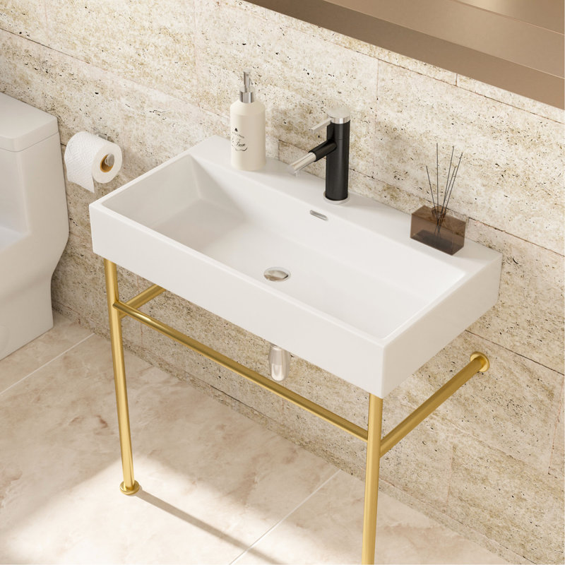 Lavabo de salle de bain 30 "avec trop-plein, cuve en céramique blanche et pieds dorés joyeux - Console éblouissante