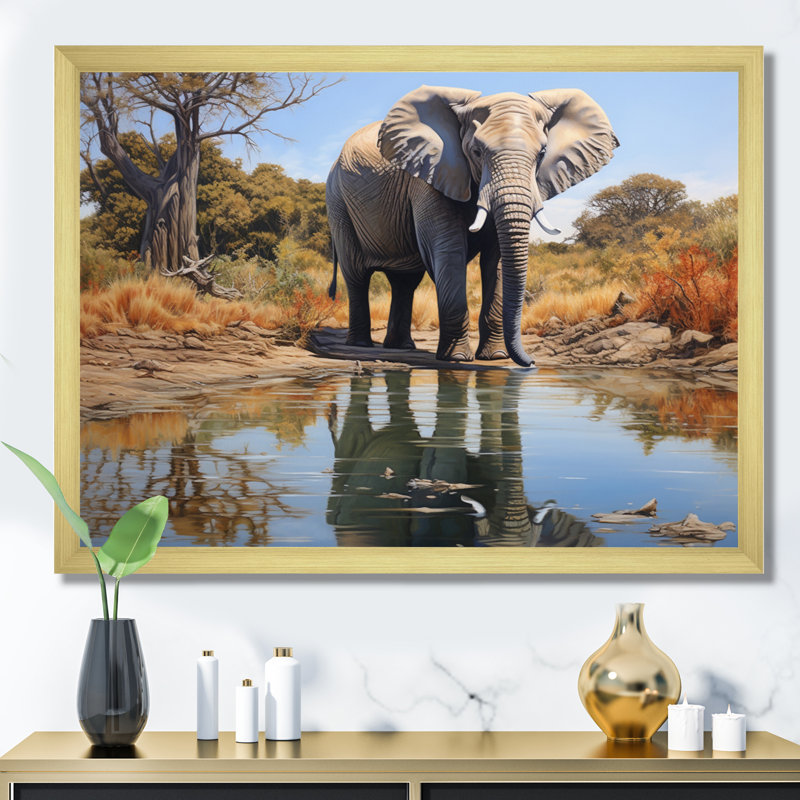 " Elephant Reflection ", Gold Picture Framed, 12" H x 20" W x 1" D
