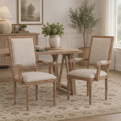 Ensemble de chaises de salle à manger élégantes de style campagnard français, rembourrées et dotées de pieds en bois d'hévéa. Confortables et stylées, elles s'intègrent parfaitement à toutes les salles à manger.