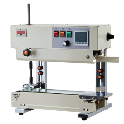 Continuous Bag Band Sealing Machine, 0.24-0.47 in Seal Width, Vertical Band Sealer Machine with Roller Printing , Temp & Speed Adjustable, Heat Sealing Machine for 0.001-0.03 in Plastic Bags