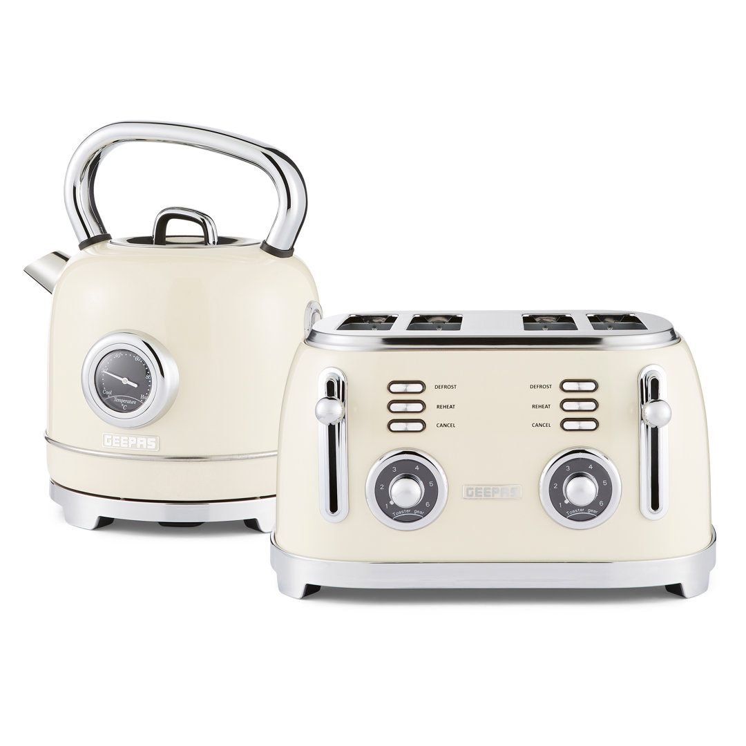GEEPAS Retrovive 1.8L Electric Kettle & 4 Slice Bread Toaster Kitchen Combo Set | 3000W Vintage Cordless Stainless Steel Kettle Auto Shut-Off, Tempera