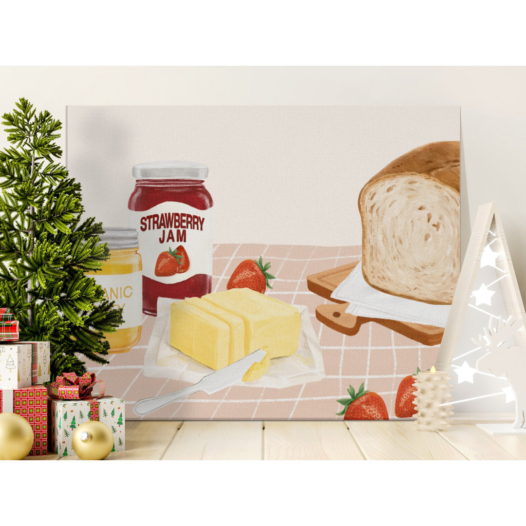 Cozy Breakfast Still Life Canvas Wall Art, Farmhouse Kitchen Decor Print, Rustic Food Illustration for Home, Strawberry Jam Honey Butter