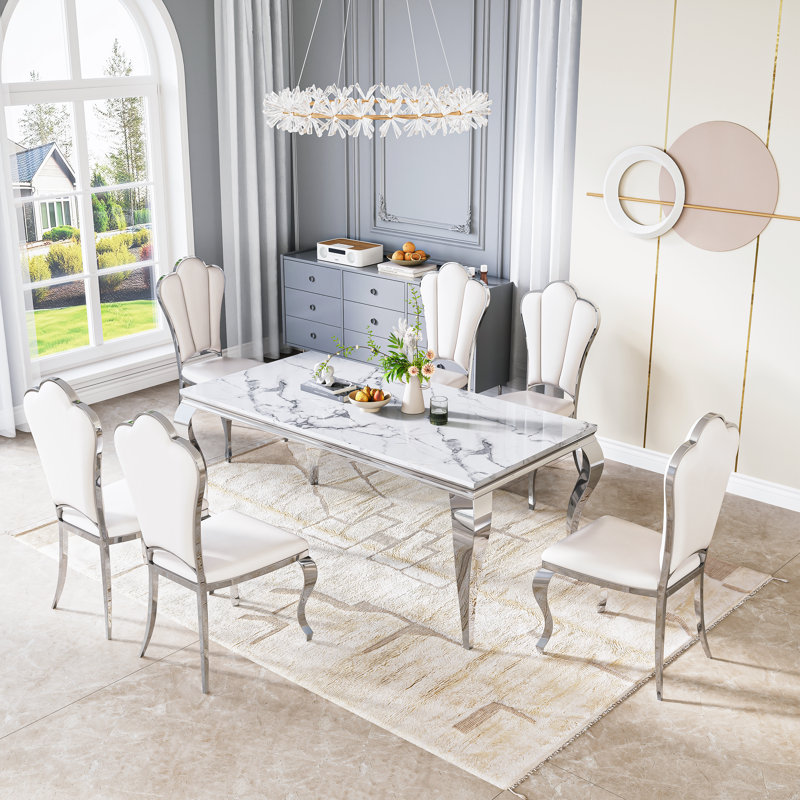 Modern 70" Marble Dining Table Set, Elegant White Faux Marble Top And Stainless Steel Legs, High-Back Petal Design Pu Leather Chairs