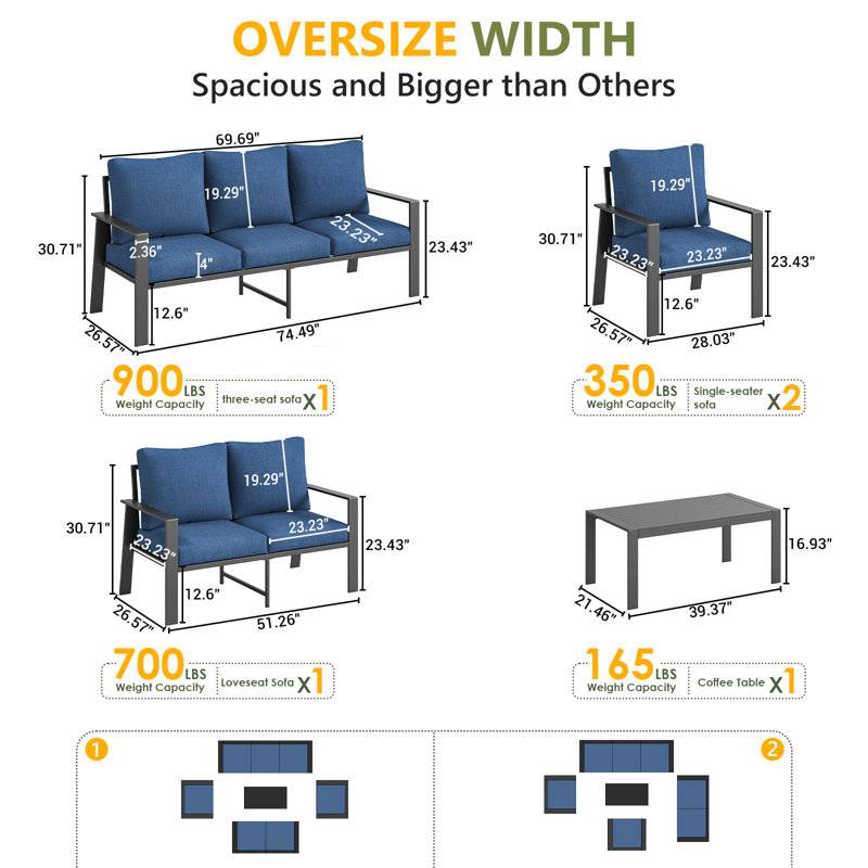 7-Person Sofa Seating Group With Coffee Table, Blue Cushion/Gray Frame