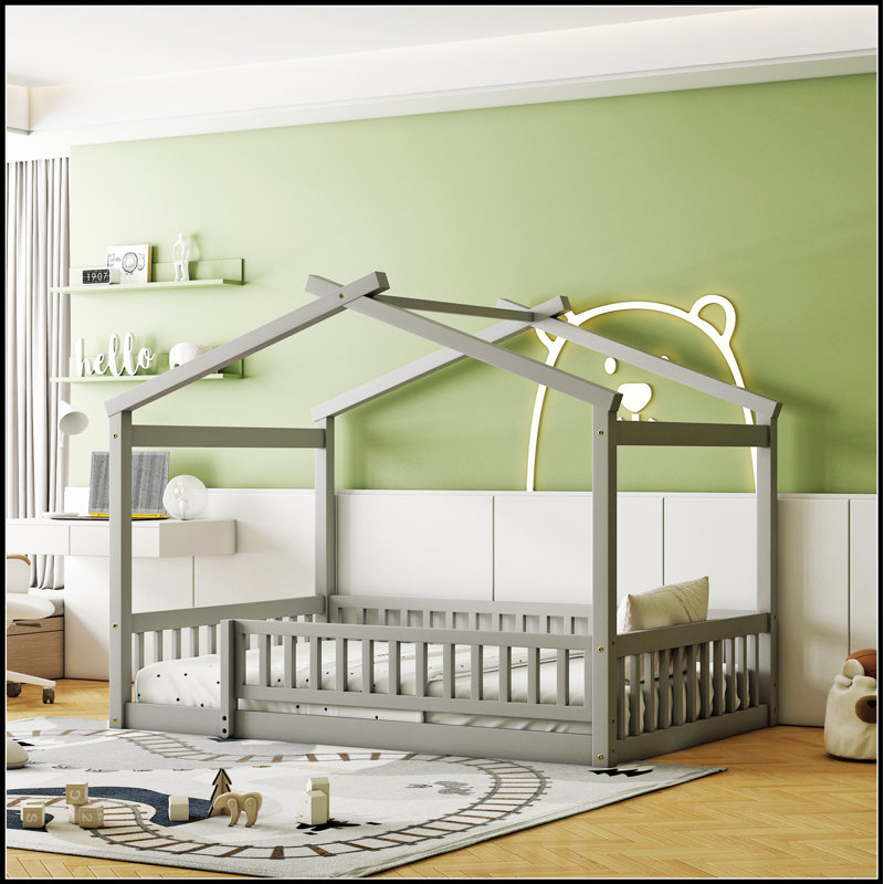 Structure de lit en bois avec clôture, parfaite pour les enfants et les adolescents, alliant confort et design ludique, Gris
