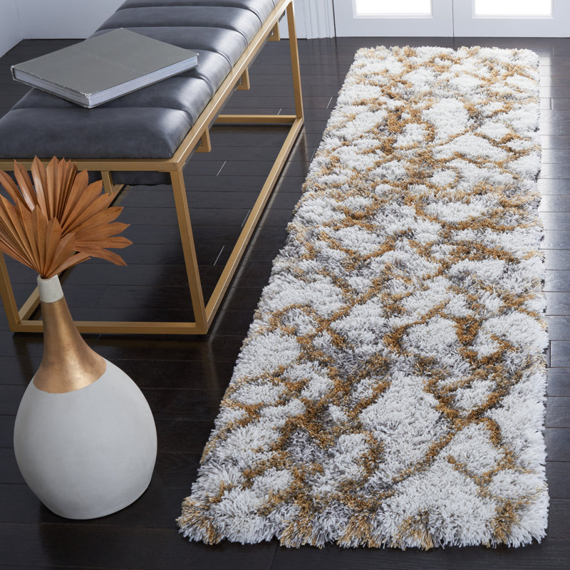 Tapis ivoire / doré à motif abstrait Cade, Tapis de couloir 2 pi x 7 pi