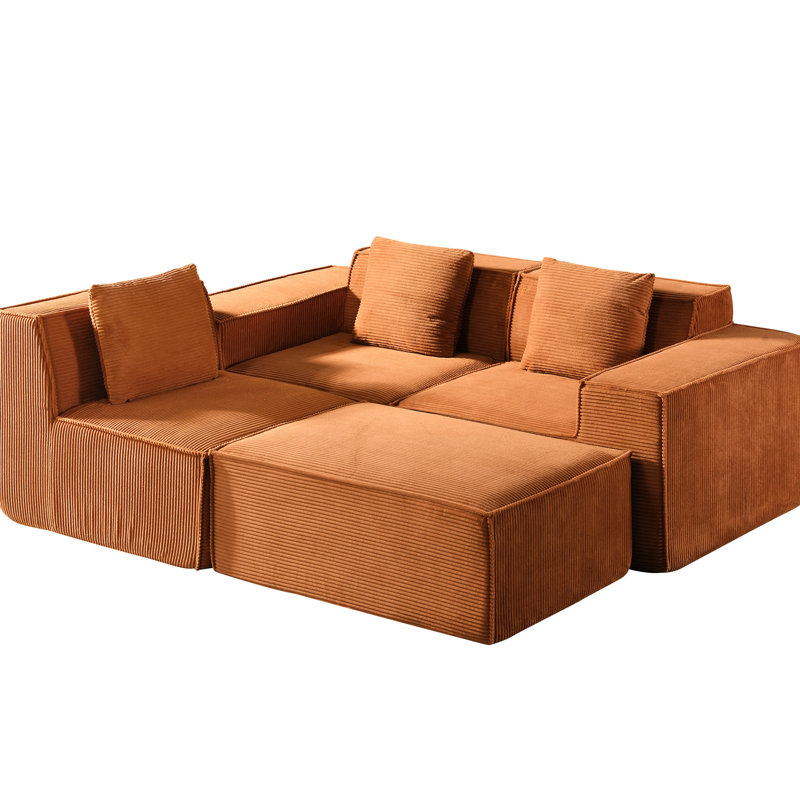 Canapé d'angle modulaire en velours côtelé rouge-orange, convertible en lit, multifonctionnel et spacieux en forme de L, idéal pour les barbecues d'été et les réunions de famille pendant les fêtes.