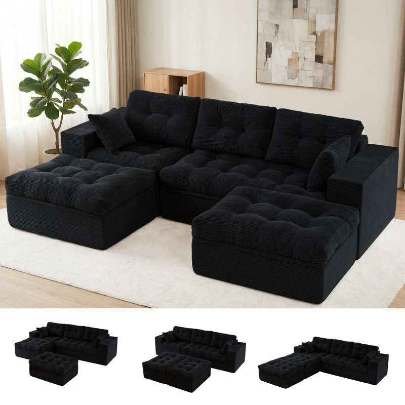 Boneless Corduroy Cloud Modular Couch,4-in-1 Flexible Combination Sectional Sofa, Black, 21" H x 102" W x 66.5" D