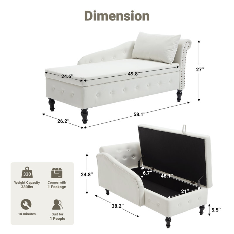 Chaise longue de rangement en velours Eastham, Beige, Orienté vers la gauche