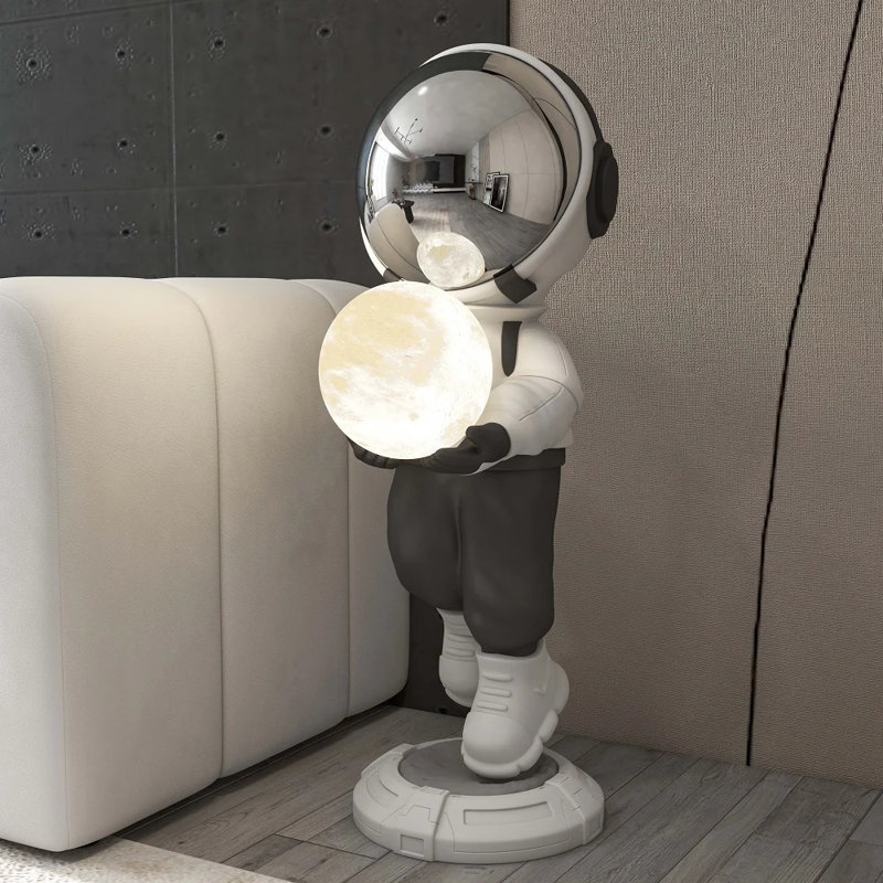 Modern Astronaut Floor Sculpture Figurine with Glowing Moon LED Lamp USB Rechargeable Tap Control Ambient Light, Black/White