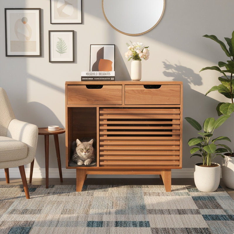 Enceinte de litière pour chat avec 2 tiroirs, meubles cachés pour litière pour chat, armoire pour litière cachée pour chat