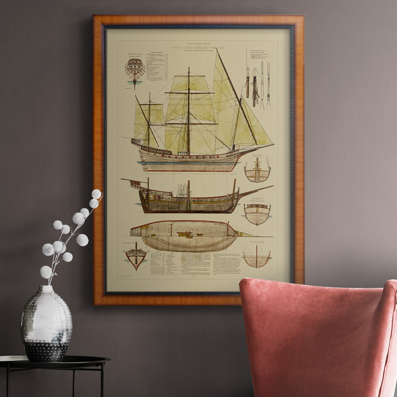 Toile encadrée de qualité supérieure Antique Ship Plan II - prête à être accrochée, H 20 po x l 16 po x P 2,5 po
