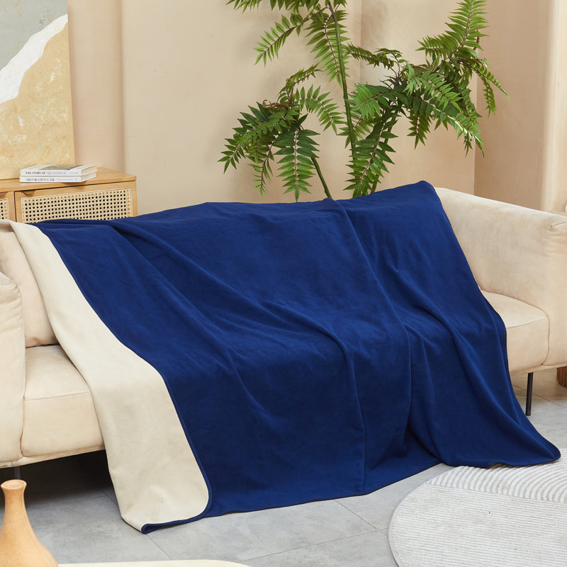 Couverture réversible en molleton Catalonia, Bleu marine / taupe, L 60 po x L 80 po