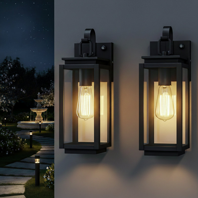 Lanterne murale d'extérieur 1 lumière noire à détecteur de mouvement H 14,5 po avec abat-jour en verre transparent imperméable