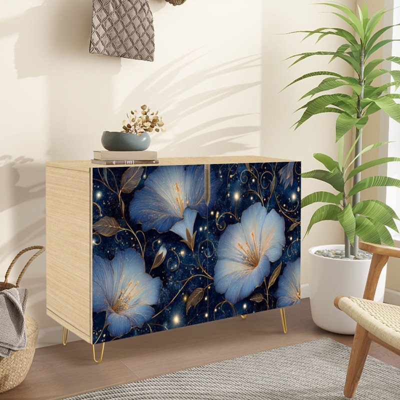 Sideboard Buffet Cabinet with Storage Mystical Floral Golden Vines Stars with 2 Doors for Living Room and Kitchen