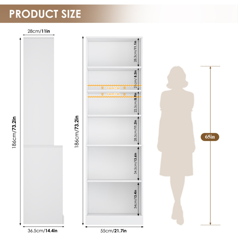 73.2''H Standard Bookcase, 6-Tier Tall Open Bookshelf, Home Library Bookcase, White