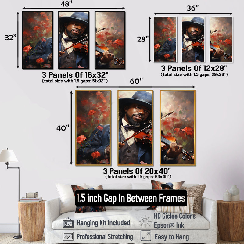 «African Jazz Musician I» - Art mural art afro-américain, Cadre flottant noir, H 40 po x l 60 po