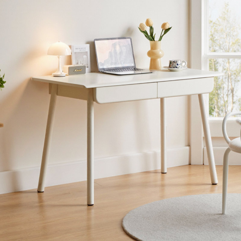 Cream colored solid wood rounded desk, 29.52" H x 47.24" W x 21.65" D